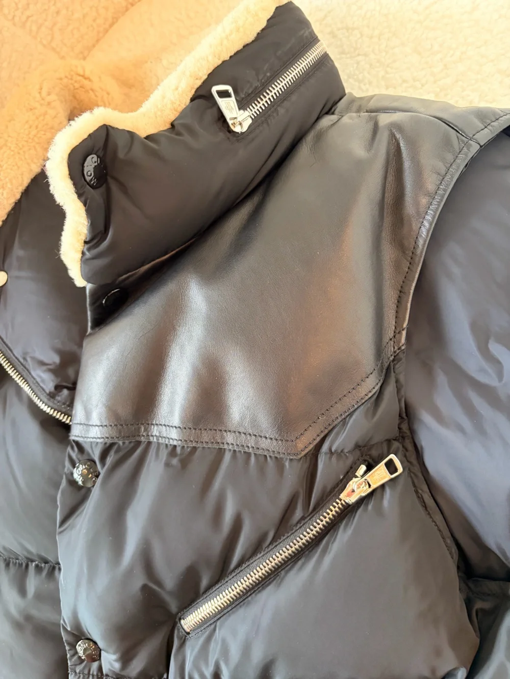 Moncler Black Quilted Puffer Vest with Cream Shearling Collar